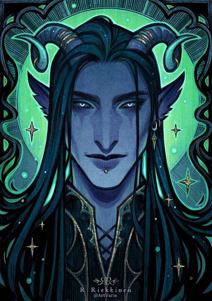 A colorful portrait of a fantasy character (they/them) with long dark hair and curly horns. They wear golden jewelry and decorated clothing.
