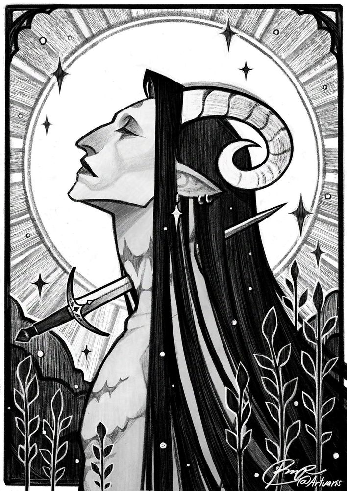 A black and white drawing of a character with long dark hair and curly horns, surrounded by stylized foliage. A symbolic dagger seems to be piercing their throat. The character has a calm expression - eyes closed and a subtle smile on their lips. 