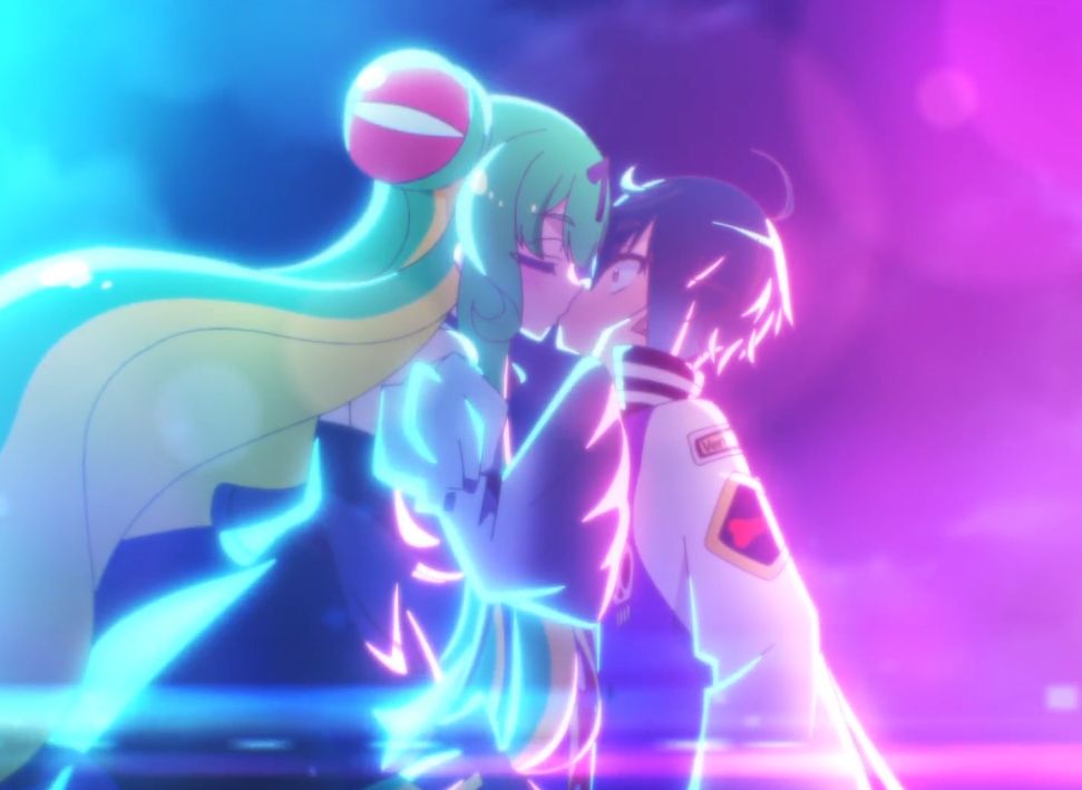 a screenshot of necronomico and the cosmic horror show. cthulhu (in mayu's body) kisses miko
