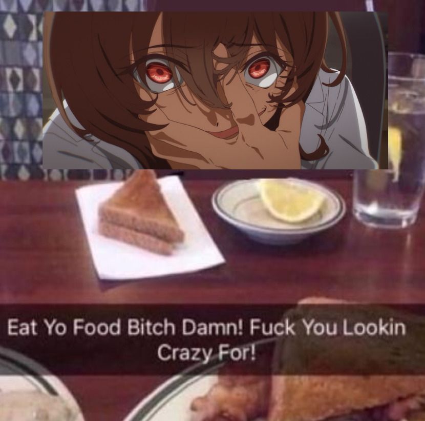 a screenshot of agnes tachyon from uma musume with an unhinged expression captioned "eat yo food bitch damn! fuck you lookin crazy for!"