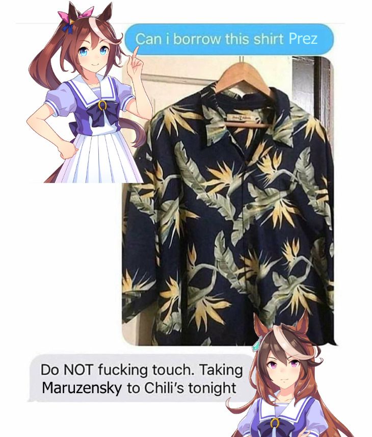 tokai teio from uma musume asks "can i borrow this shirt prez?" with a photo of a shirt attached. symboli rudolf responds "do NOT fucking touch. taking maruzensky to chili's tonight"