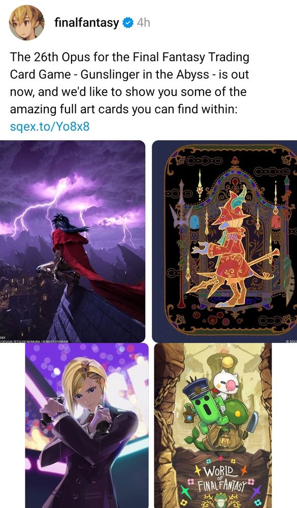 The 26th Opus for the Final Fantasy Trading Card Game - Gunslinger in the Abyss - is out now, and we'd like to show you some of the amazing full art cards you can find within: sqex.to/Yo8x8