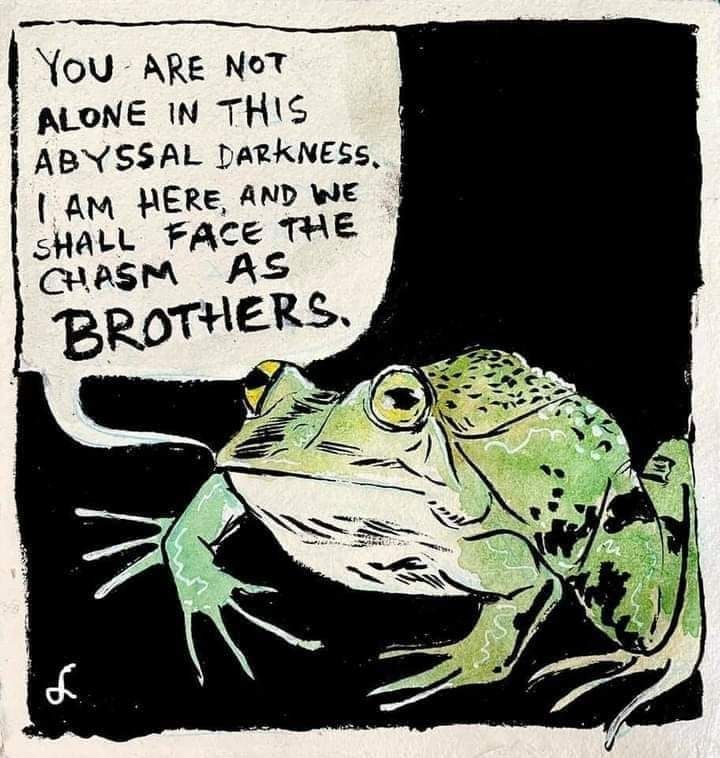 Painting of a frog, surrounded by black, with a chat bubble coming from the frogs mouth, saying, "You are not alone in the abyssal darkness. I am here, and we shall face the chasm as brothers." 