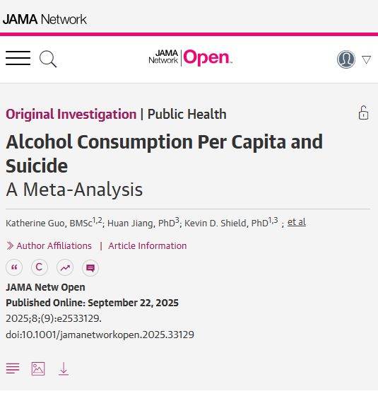 JAMA Network Open article: "Alcohol Consumption Per Capita and Suicide: A Meta-Analysis" by Katherine Guo, Huan Jiang, and Kevin D. Shield. Published September 22, 2025.
