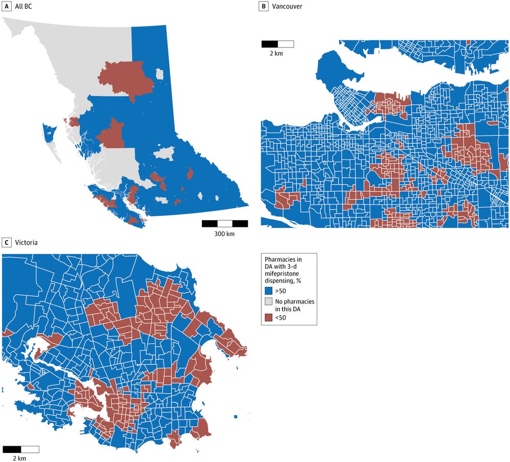 Maps of BC, Vancouver, and Victoria showing pharmacies with 3-day mifepristone dispensing percentages. Blue indicates >50%, gray indicates no pharmacies, and brown indicates <50%. Scale bars are provided for reference.