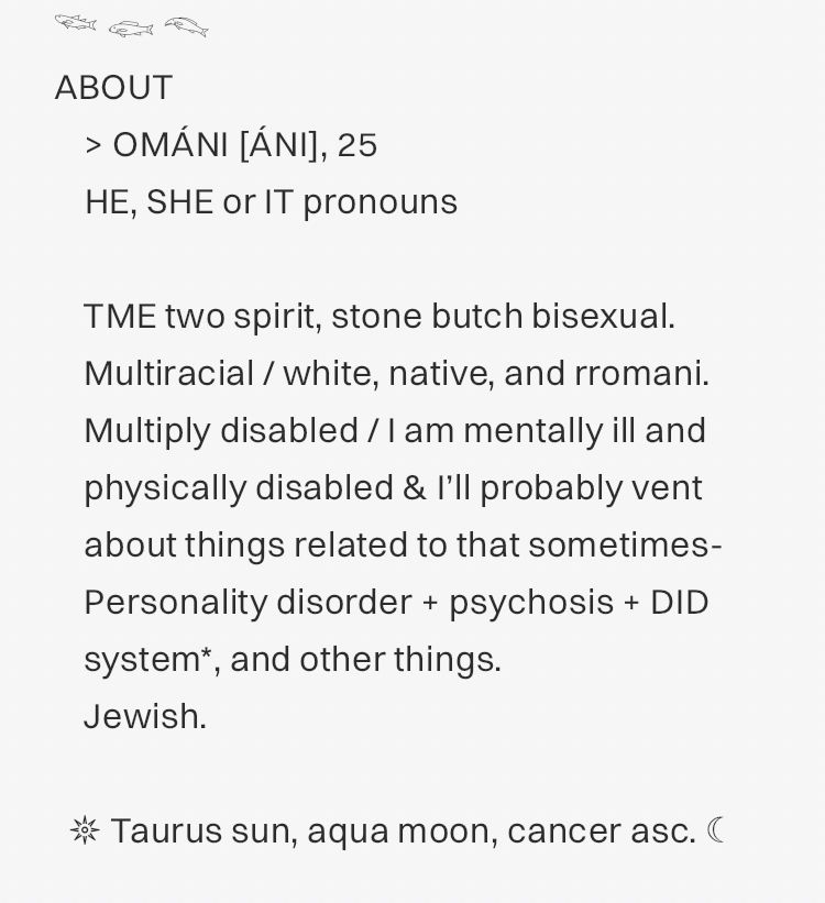 Screenshot of a vent description, saying:

ABOUT
    > OMÁNI [ÁNI], 25
    HE, SHE or IT pronouns

    TME two spirit, stone butch bisexual.
    Multiracial / white, native, and rromani.
    Multiply disabled / I am mentally ill and 
    physically disabled & I’ll probably vent 
    about things related to that sometimes-
    Personality disorder + psychosis + DID
    system*, and other things. 
    Jewish.

   Taurus sun, aqua moon, cancer asc. 