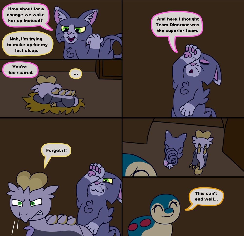 Glameow challenges Jangmo-o for a prank, Jangmo-o refuses but Glameow convinced him to join eventually.