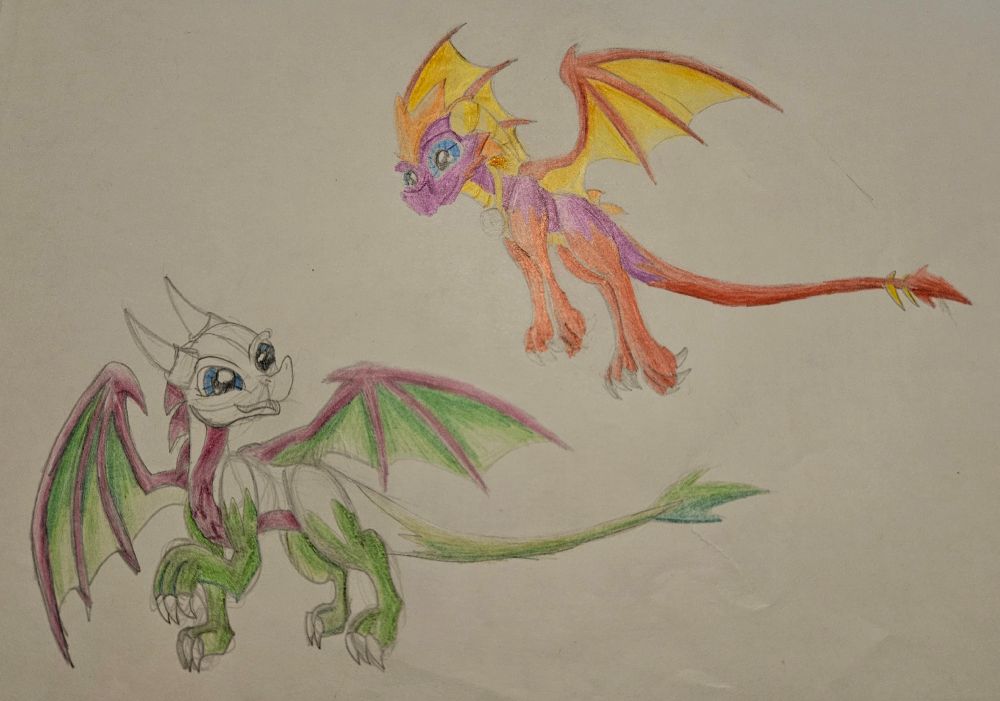 A purple dragon flying with a white dragon on the ground.