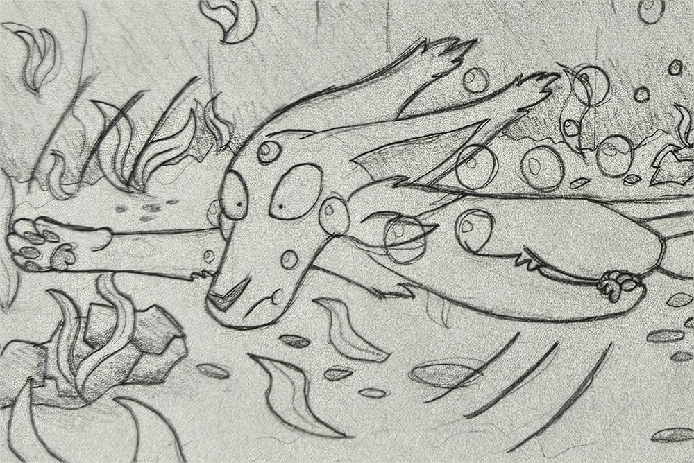 Pencil drawing of a long snout espeon swimming underwater.
A filter is being used that makes some lines suspiciously sharp and the darkened parts look unnecessary speckled. Then again, these weird speckles can be seen everywhere.