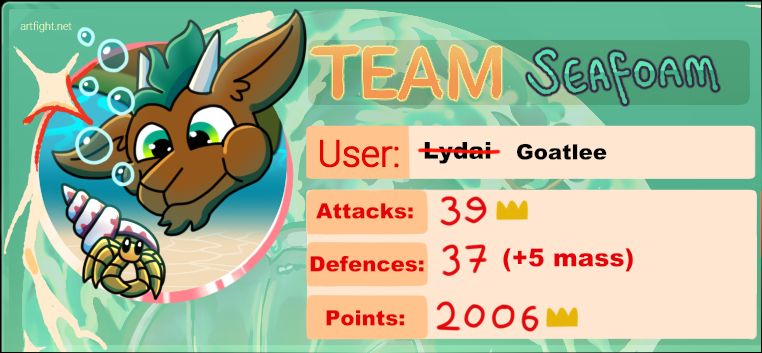 Artfight card of Team Seafoam, the icon has Lee the goat thingy diving underwater while looking at a hermit crab. Point score is 2006