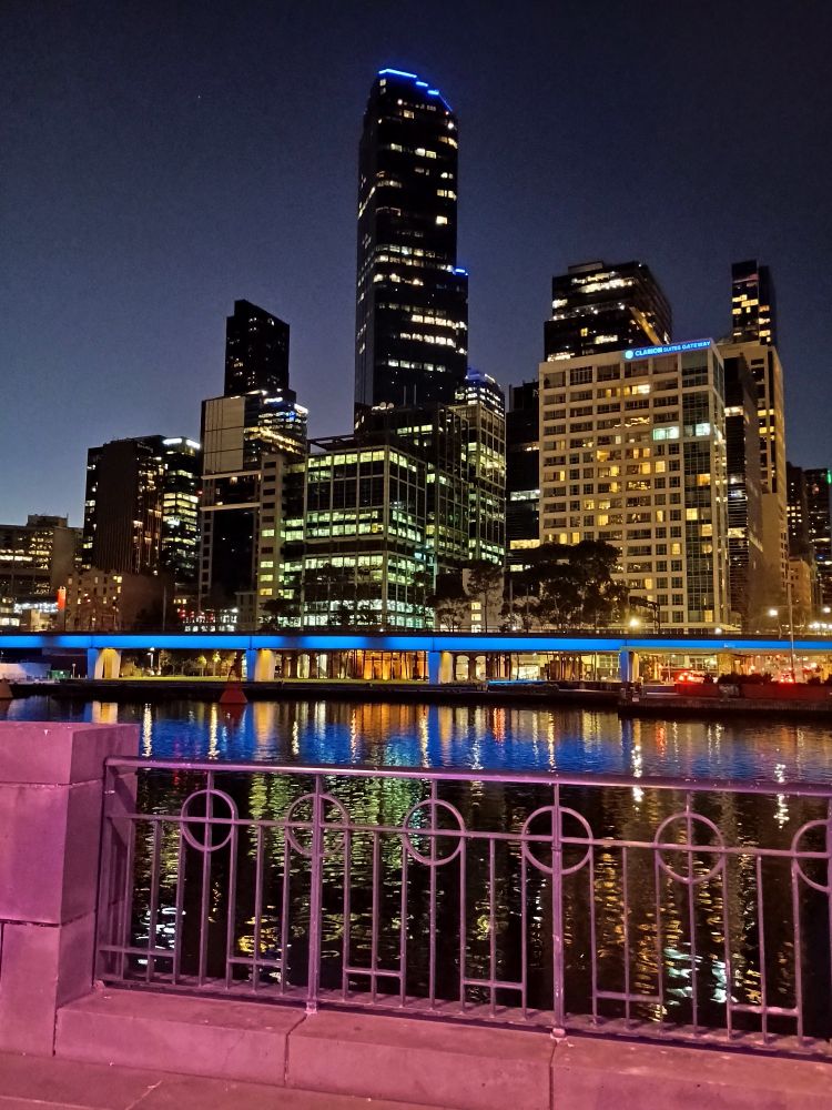 A photo of Melbourne at night taken from Southbank.