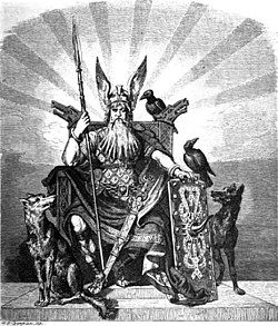 Odin enthroned and holding his spear Gungnir, flanked by his ravens Huginn and Muninn and wolves Geri and Freki (1882) by Carl Emil Doepler