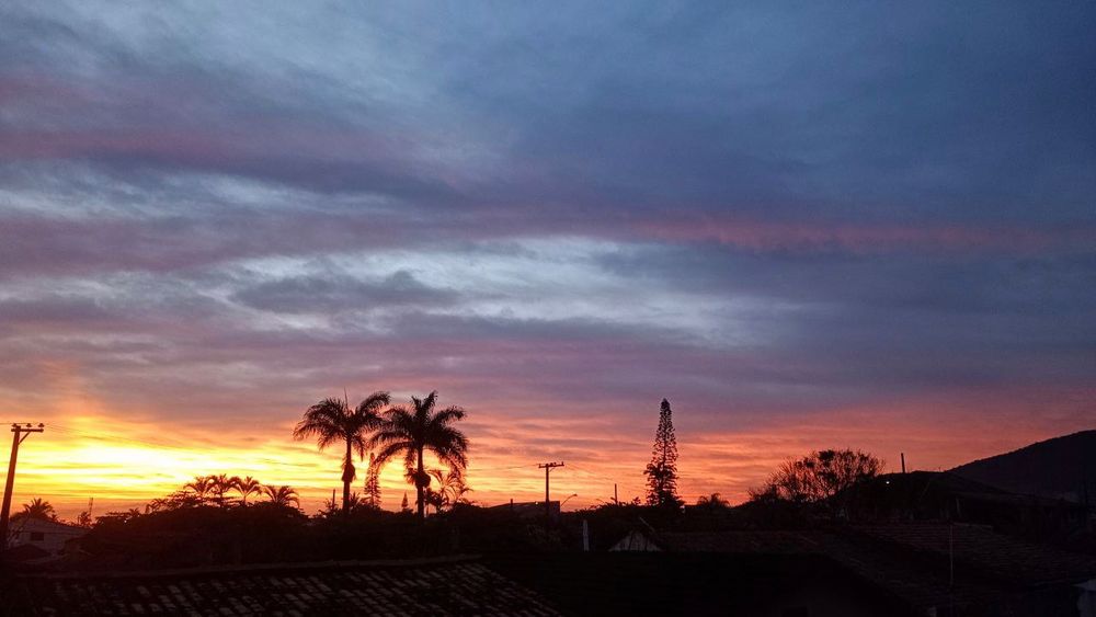 Pôr do sol no horizonte, visto de cima de uma laje.

O céu tá de um azul bem claro, cheio de nuvens compridas e finas, formando listras, algumas estão azuladas e escuras, e outras que, com os raios do sol, ficam rosadas.

Abaixo das nuvens, o céu tá alaranjado e vai ficando amarelo conforme fica mais perto do sol.

Na parte inferior da imagem aparecem telhados de casas bem escurecidos pela penumbra, e a silhueta de 2 postes de luz e alguns coqueiros e pinheiros de altura que ultrapassa esses telhados.