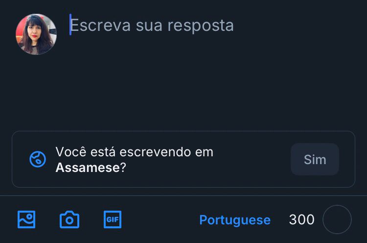 Caixa de respostas do meu Bluesky quando fui comentar uma publicação, apareceu a pergunta: "Você está escrevendo em Assamese?"