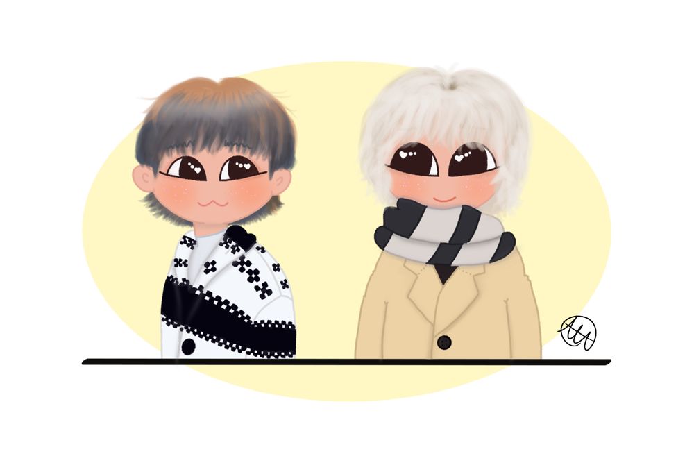 A cartoon style drawing of Hongjoong and Seonghwa of Ateez. They are wearing winter clothes and looking at each other. They kind of match. Hongjoong’s sweater is black and white and Seonghwa wears a scarf the same colors. Seonghwa’s coat is tan. Hongjoong’s hair is brown and Seonghwa’s is white