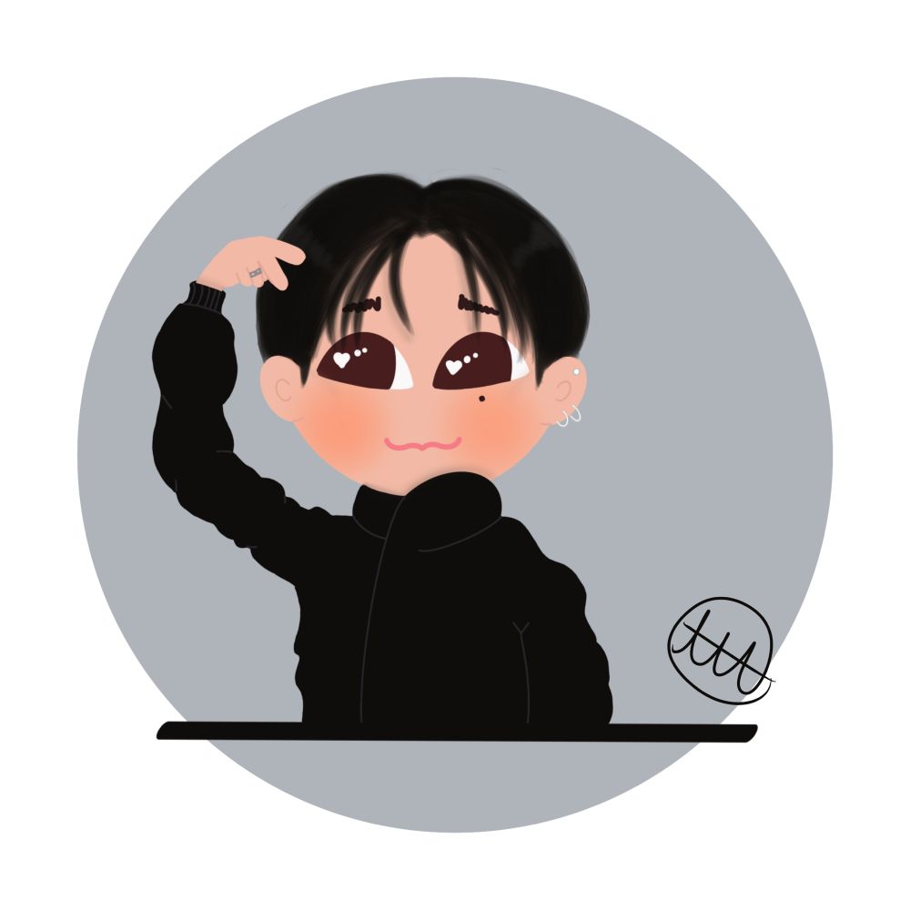 A cartoon style drawing of Wooyoung wearing a  black jacket and holding up his right hand like cat ears on his head