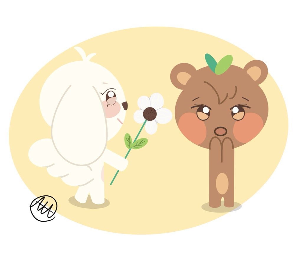 A cartoon style drawing of Hetmongi giving Jjongbear a white flower 