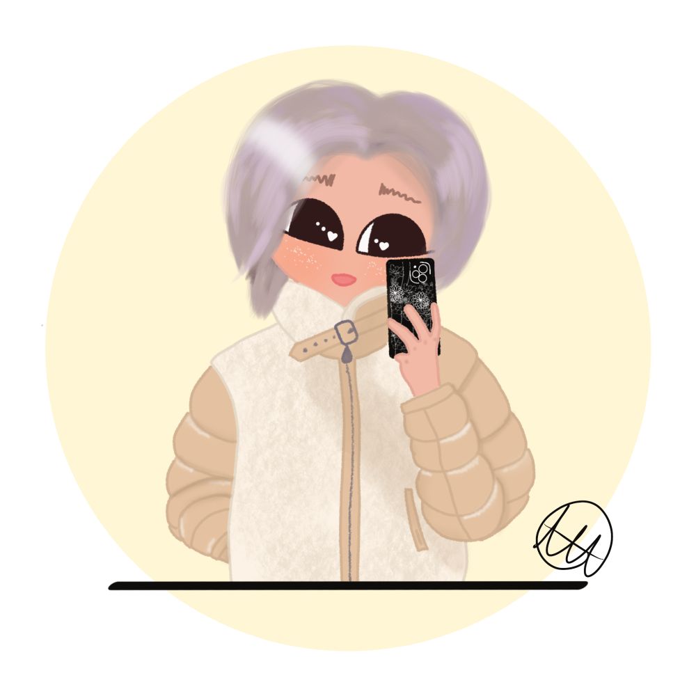 A cartoon style drawing of Seonghwa of Ateez taking a selfie. He has silver-blond hair and is wearing a tan and white puffy winter coat. The coat is fuzzy on the body and fabric on the sleeves. He holds up a phone in a black case with his left hand and is looking at the phone screen. He has a cute smile on his face
