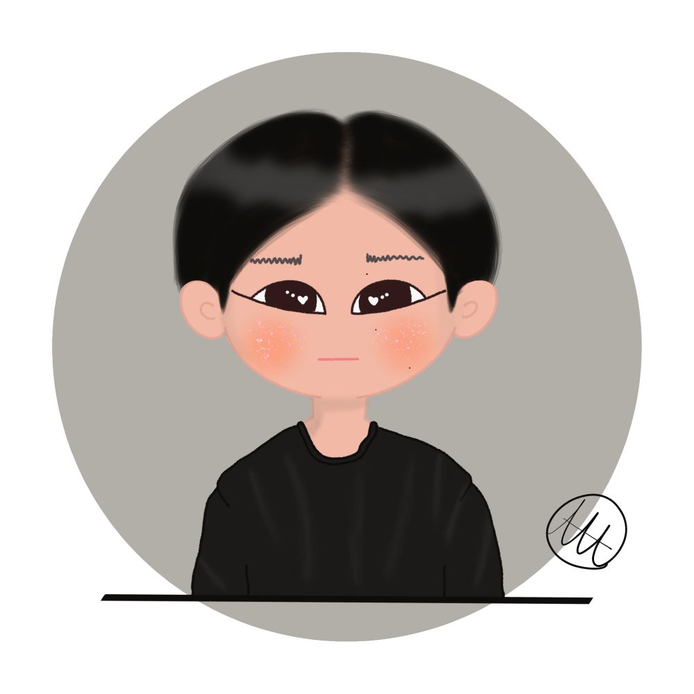 A cartoon style drawing of San of Ateez wearing a black t-shirt with his hair plastered flat to his head and tucked tight behind his ears. He has an unamused look on his face and is staring straight at the viewer