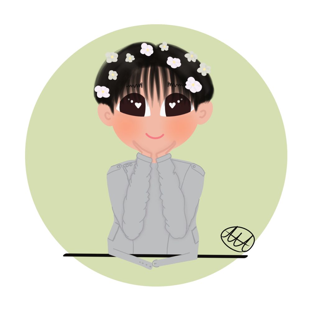 A cartoon style drawing of Seonghwa with white flowers in his hair and a grey jacket 