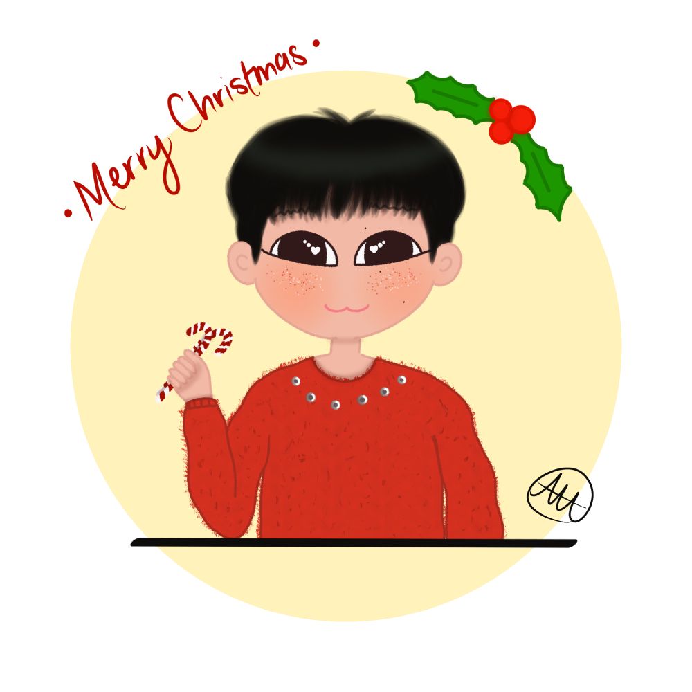 A cartoon style drawing of San of Ateez wearing a fuzzy red sweater. He has sparkly cheeks and is holding 2 candy canes aloft in his right hand. He has black hair and sparkling brown eyes. Holly and berries adorn the right side of the drawing, and the left reads "Merry Christmas" in red font