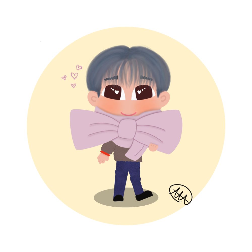A cartoon style chibi drawing of Yunho with blue hair and a giant pink bow scarf 