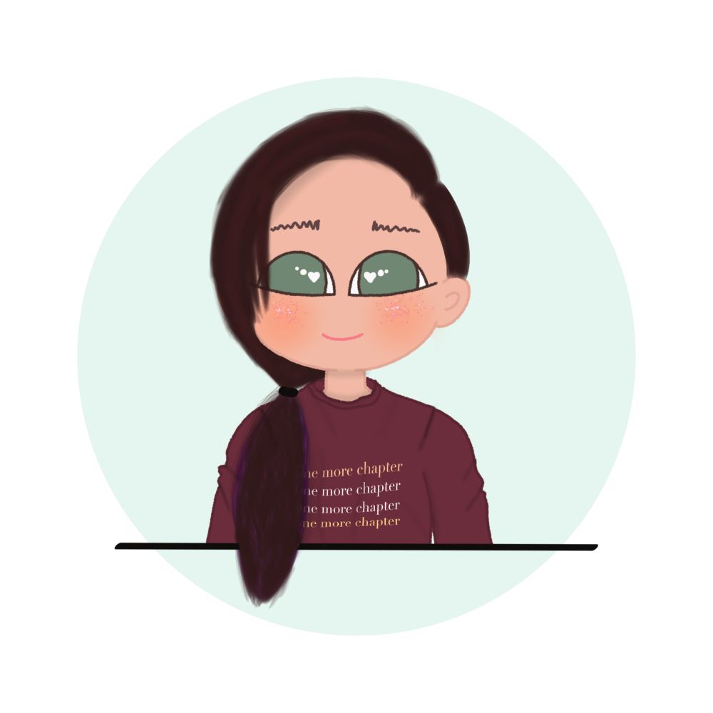 A cartoon style drawing of myself. White with long brown hair in a ponytail over my right shoulder. I’m wearing a maroon sweatshirt with the phrase “one more chapter” repeated down the front. I have green eyes 