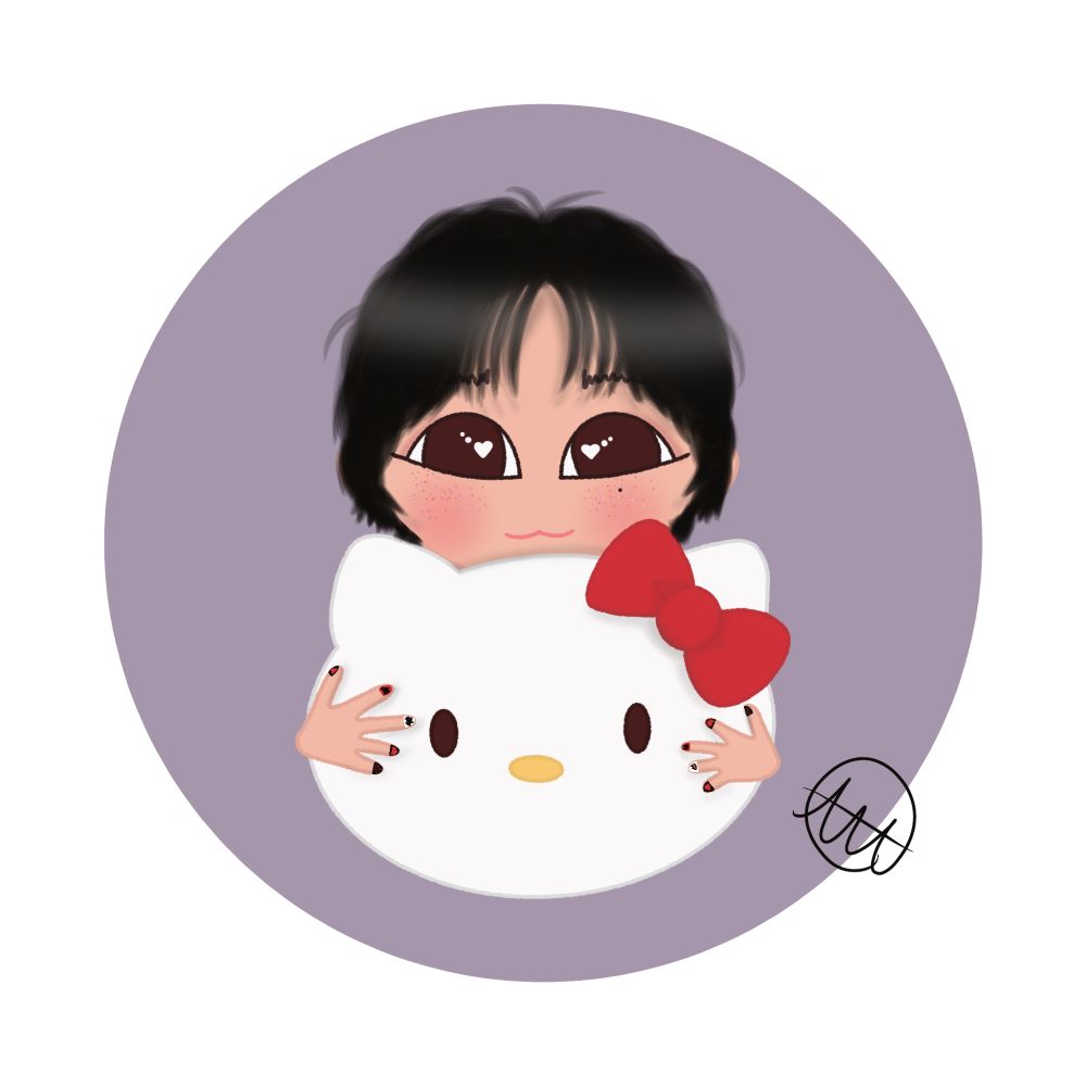 A cartoon style drawing of Wooyoung of Ateez holding a large Hello Kitty pillow in front of him. Only his face and hands are visible. He has long wavy black hair and is smiling slightly. He has multicolored nail art on his fingernails as well.