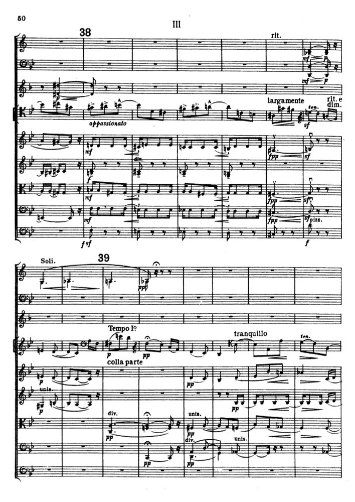 Third page (of four) of the score to Edward Elgar's Cello Concerto, Op. 85, III. Adagio.