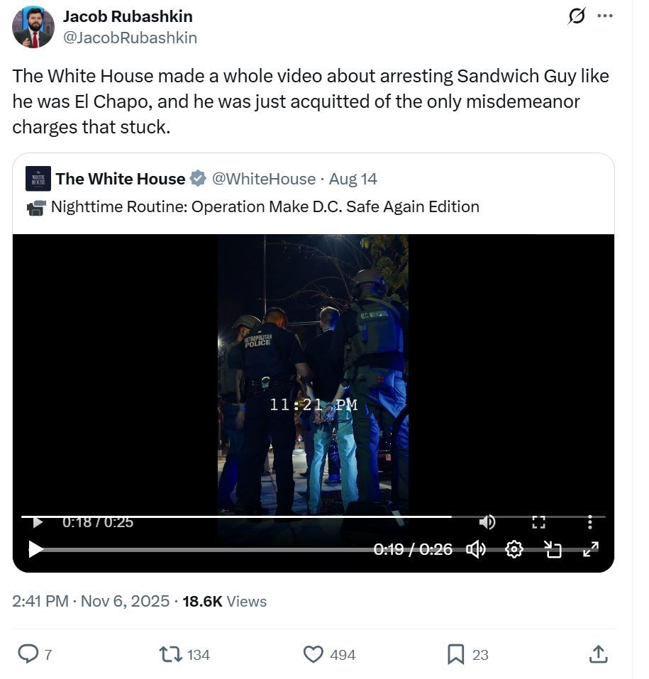 Screenshot of a tweet from Inside Elections deputy editor @JacobRubashkin dated 6 November 2025, reading: "The White House made a whole video about arresting Sandwich Guy like he was El Chapo, and he was just acquitted of the only misdemeanor charges that stuck." Below it, he quote-tweets the White House video of the arrest.