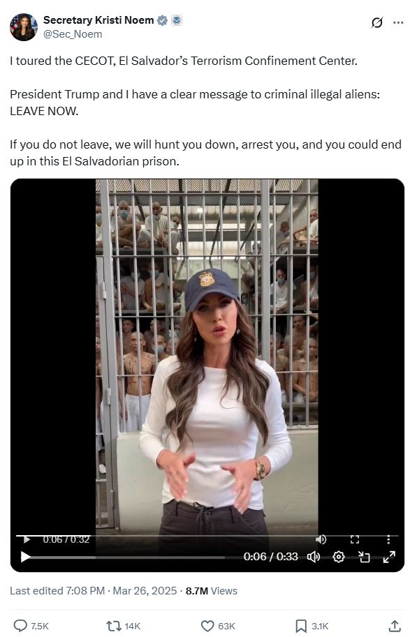 Screenshot of Kristi Noem's infamous social media post in El Salvador's CECOT prison, with sullen, silent, shirtless prisoners standing behind her. https://x.com/Sec_Noem/status/1905034256826408982
