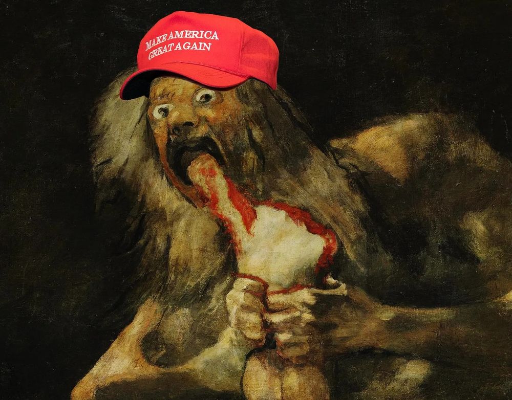 Detail from Goya's famous painting "Saturn Devouring His Son," except Saturn is wearing a red MAGA cap