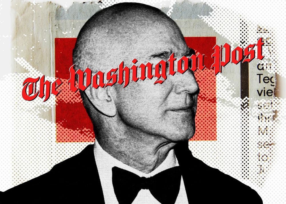 A collage showing Jeff Bezos's head with the Washington Post logo in front of his face and various glimpses of newspapers stuff behind him