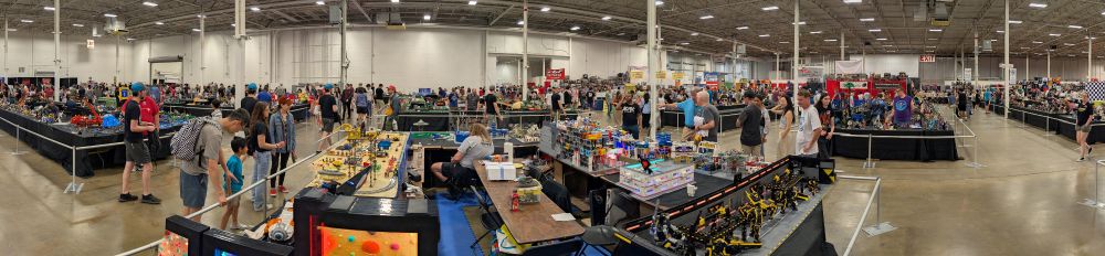 Panoramic photo of the main room of Lego Brickfair in Chantilly, Virginia (about forty minutes west of Washington, D.C.) on August 3, 2025.