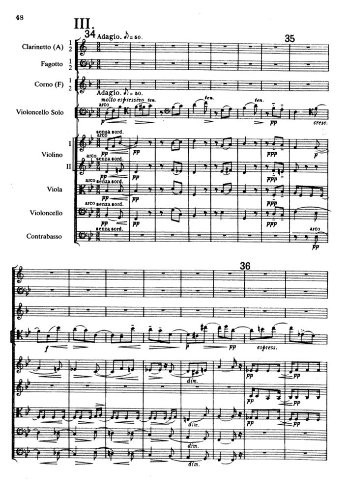 First page (of four) of the score to Edward Elgar's Cello Concerto, Op. 85, III. Adagio.