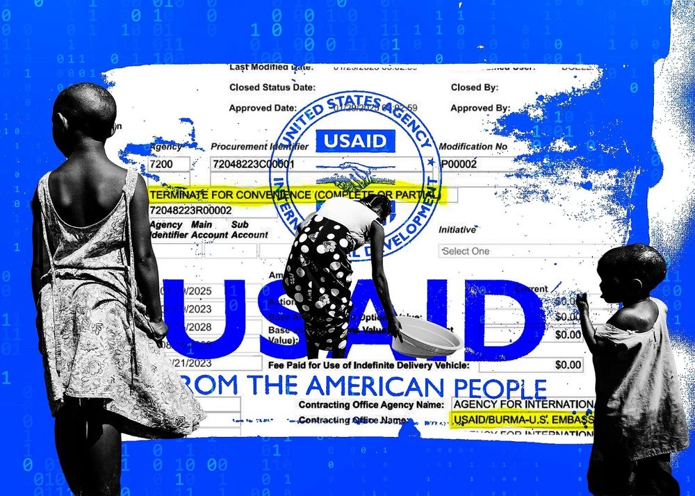 Collage image showing a USAID label, with superimposed DOGE information, and three Africans coming to get aid from USAID
