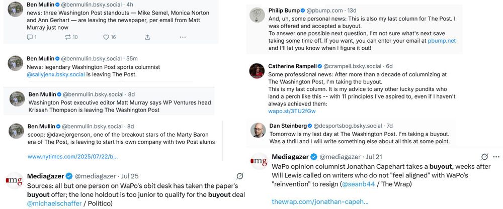 screenshots of nine tweets and skeets all from July 2025 and all mentioning individuals departing the Washington Post