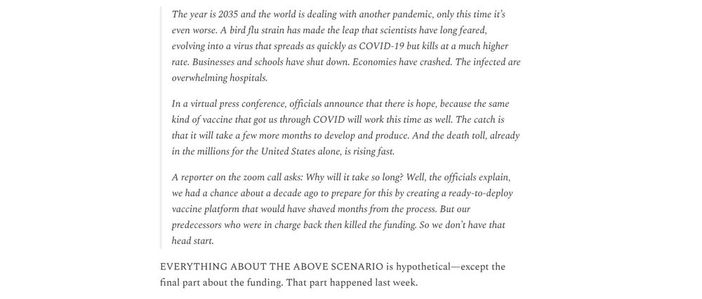 Screenshot of the opening paragraphs of a new Bulwark essay by Jonathan Cohn. You can read it at this link: https://www.thebulwark.com/p/rfk-jr-kennedy-mrna-vaccines-hhs-funding-canceled