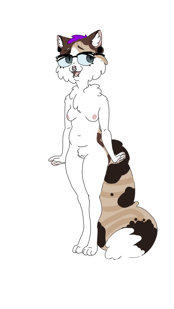 an anthropomorphic long haired calico cat, with a vibrant purple pixie cut and large glasses. They have numerous facial piercings and is standing in a shy yet cheerful pose. 