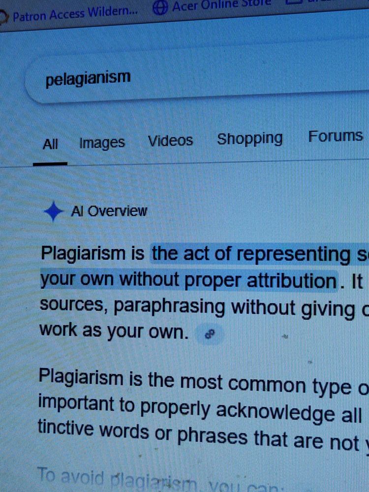A picture of a Google search. In the search bar is the word "pelagianism", while Google's AI overview at the top of the page defines "plagiarism".