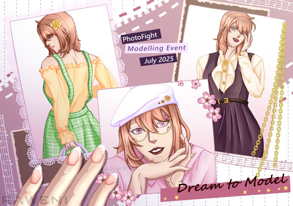 The image depicts 3 photographs of the character Kanon in 3 different styled outfits to match her feminine style. The photographs are laid out and presented in the form of a scrapbook - with stickers, typography and cut-outs to decorate the overall image.