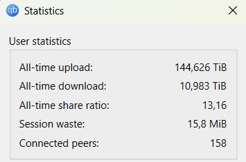 Print de Estatísticas de um client de torrent, com os dados:

User statistics
All-time upload: 144,626 TiB
All-time download: 10,983 TiB
All-time share ratio: 13,16
Session waste: 15,8 MiB
Connected peers: 158




