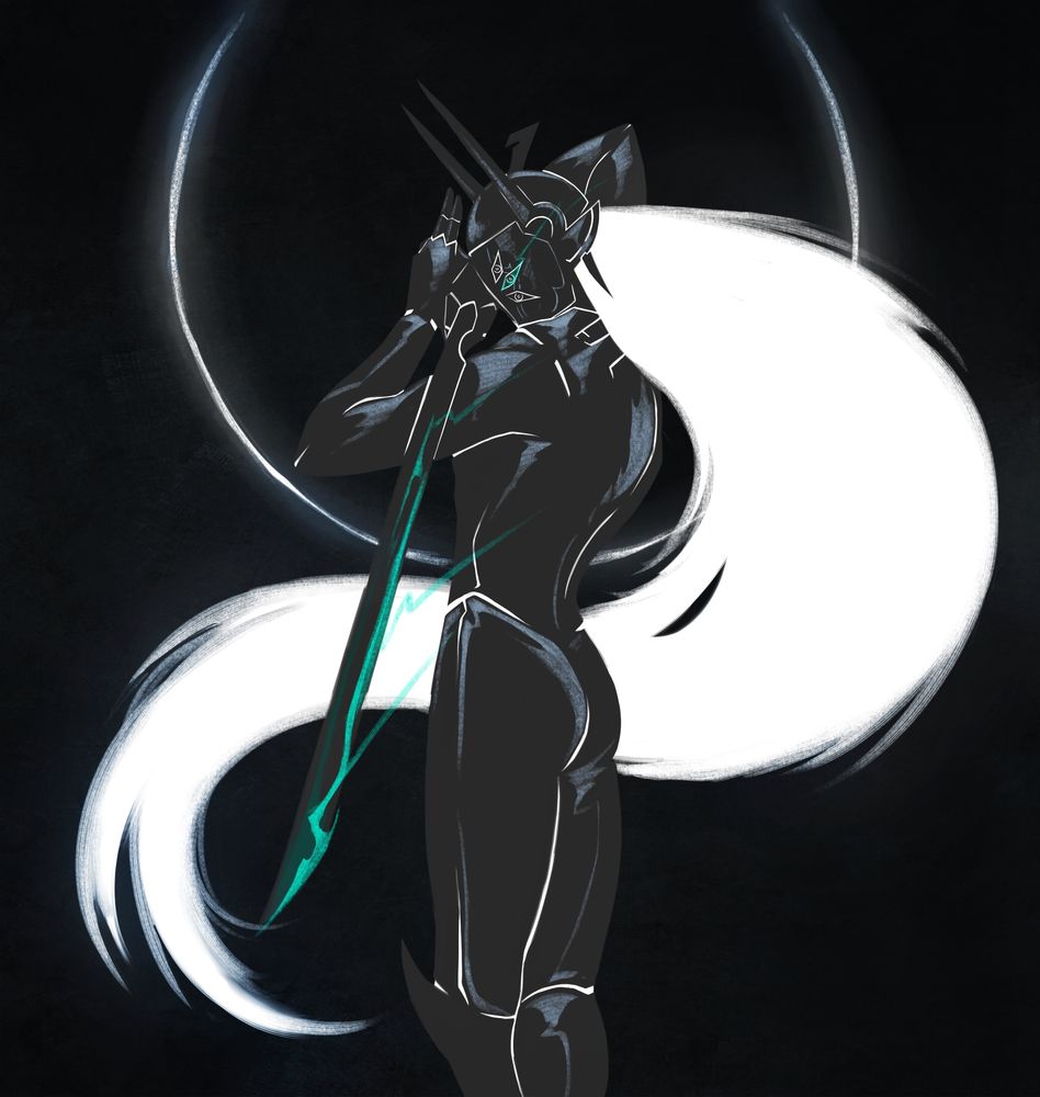 An eclipse and an armored figure holding a sword.