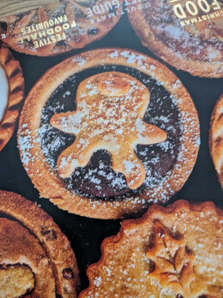 An upside-down mince pie dusted with sugar. Baked into the pastry is a simple silhouette of a reindeer head, with a round face and antlers at the top. Viewed the wrong way round it almost looks like a squid-like creature with the antlers as tentacles; or possibly the face of cthulu, with his slobbery mandibles at the bottom of his head