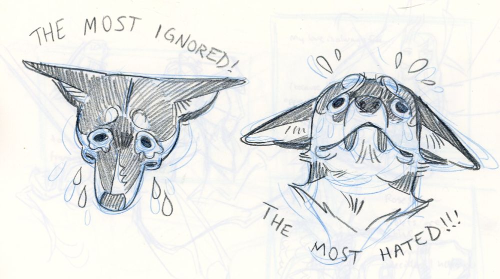 Two portraits of my dog: looking down and shedding tears, he is "the most ignored!" Looking up with a piteous frown, he is now "the most hated!!!"