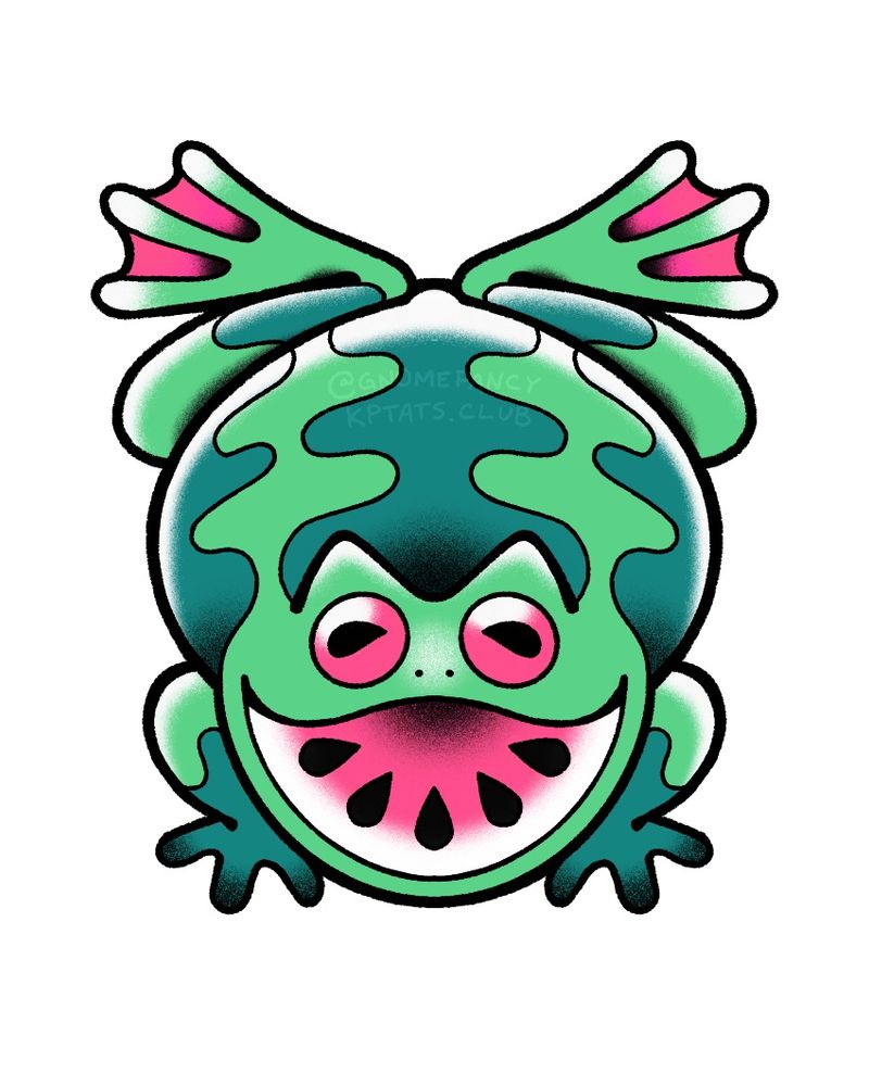 A drawing of a fat frog with its mouth wide open in a goofy smile - the pattern of the frog's skin resembles the outside of a watermelon and the half-circle of its mouth looks like a slice of watermelon with black seeds inside (blue-green and pink variation)