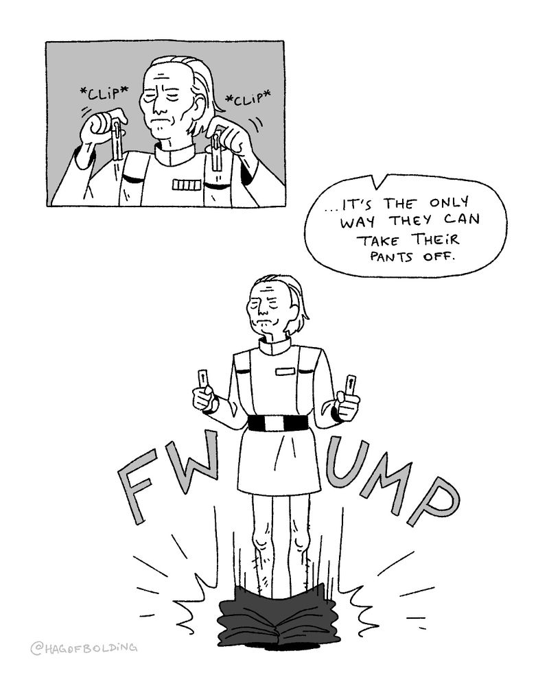 (A panel of Lio Partagaz unclipping the metal things and lifting them out of his pockets. In the next panel, his pants fall to the floor with a FWUMP.) 
Partner: ...it's the only way they can take their pants off.