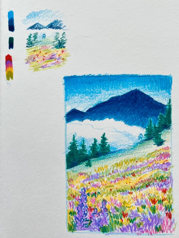 colored pencil studies of a misty mountain landscape rising above a field of wildflowers