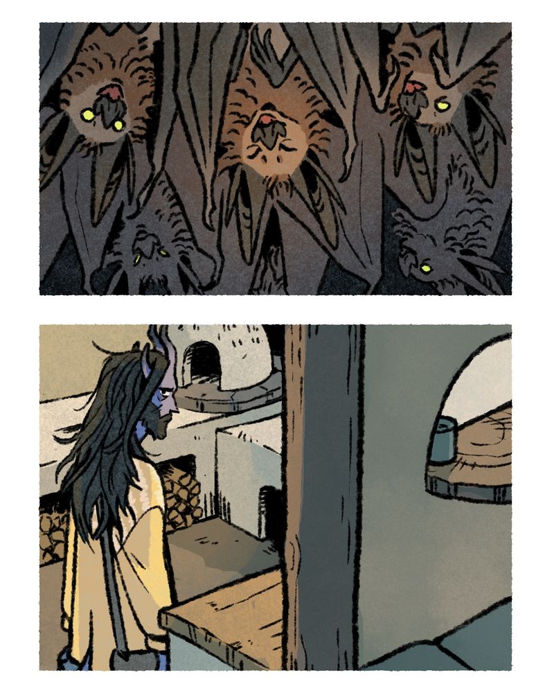 A couple of comic panels from my webcomic, Fairmeadow. 
Panel 1: Pollen, a character who is usually one giant batlike creature is now many hundred little batlike creatures. They giggle mischeviously.
Panel 2: The target of said giggle, Sanctuary, looks bedraggled as he walks into the kitchen.
