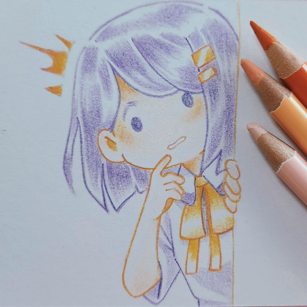 Chibi illustration of a surprised girl peeking out from behind a wall at the viewer. The girl has bobbed hair, wears a white blouse, and a yellow ribbon at the collar. It is a pencil crayon illustration, using purple, peach, and orange tones.